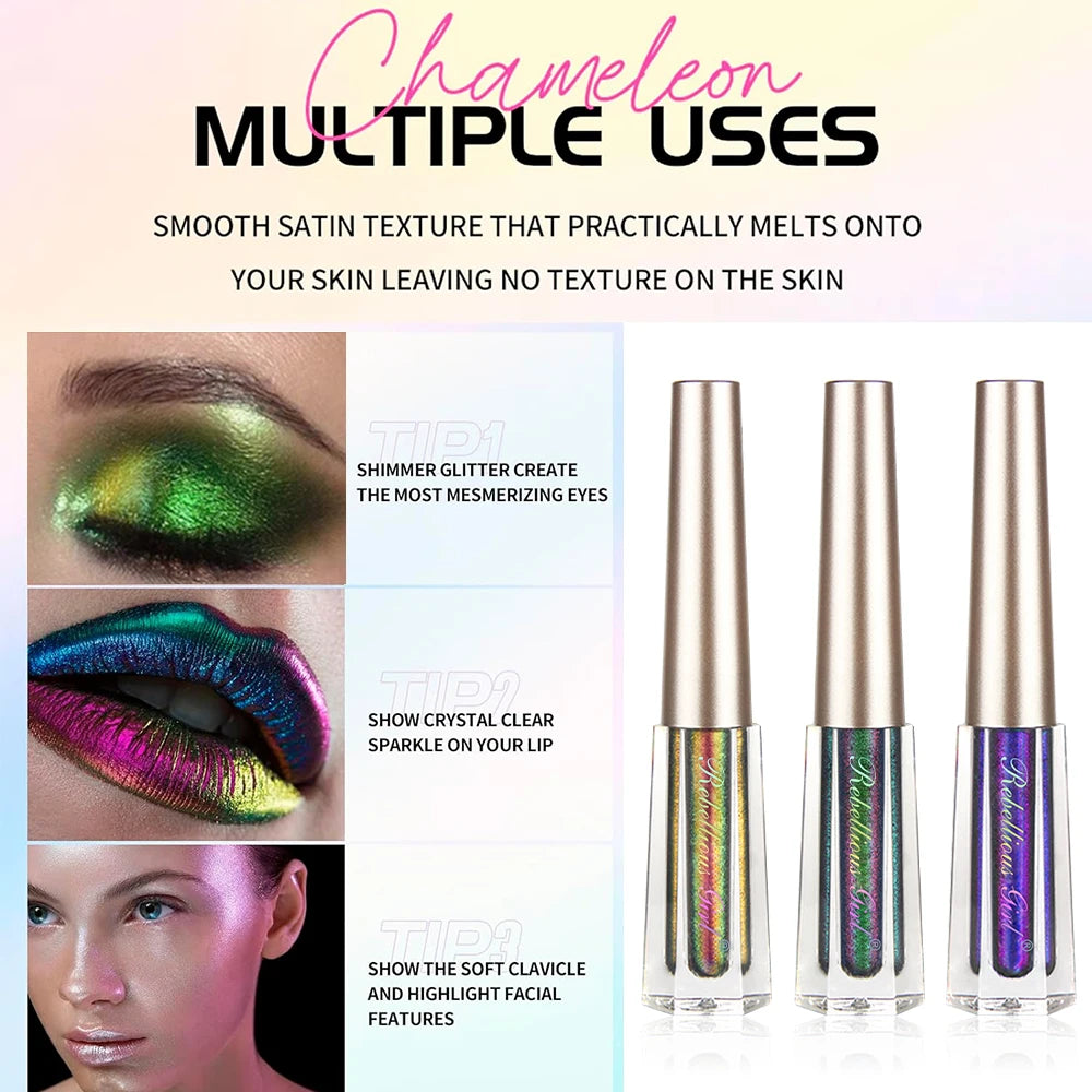 3 Pcs Metal Liquid Chameleon Eye Shadow, Multi-Dimensional Eye Makeup Durable Holographic Flash Multi-color Eye Shadow Cosmetics